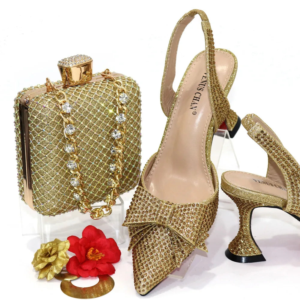 Venus Chan Bridal High Heels for Women 2023 Pointed Toe With Bows Gold Color Rhinestone  Elegant Party Wedding Shoe and Bag Set