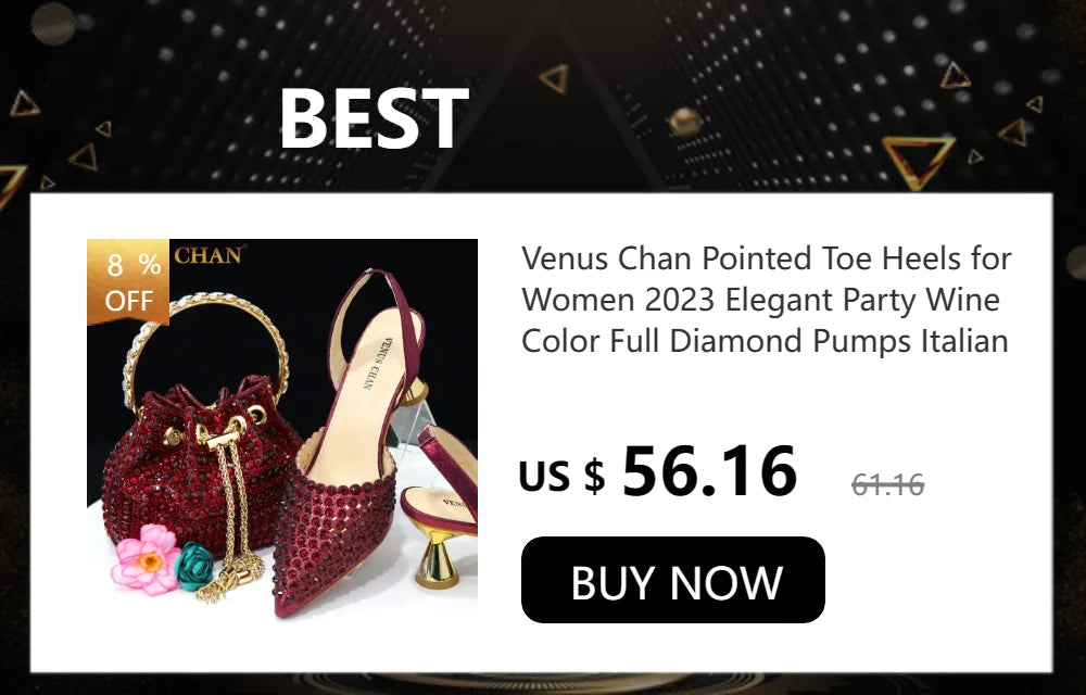 Venus Chan Nigerian Women Heel Party Ladies Italian Design Shoes And Bag Set Decorated with Rhinestone Handbag Wedding Party