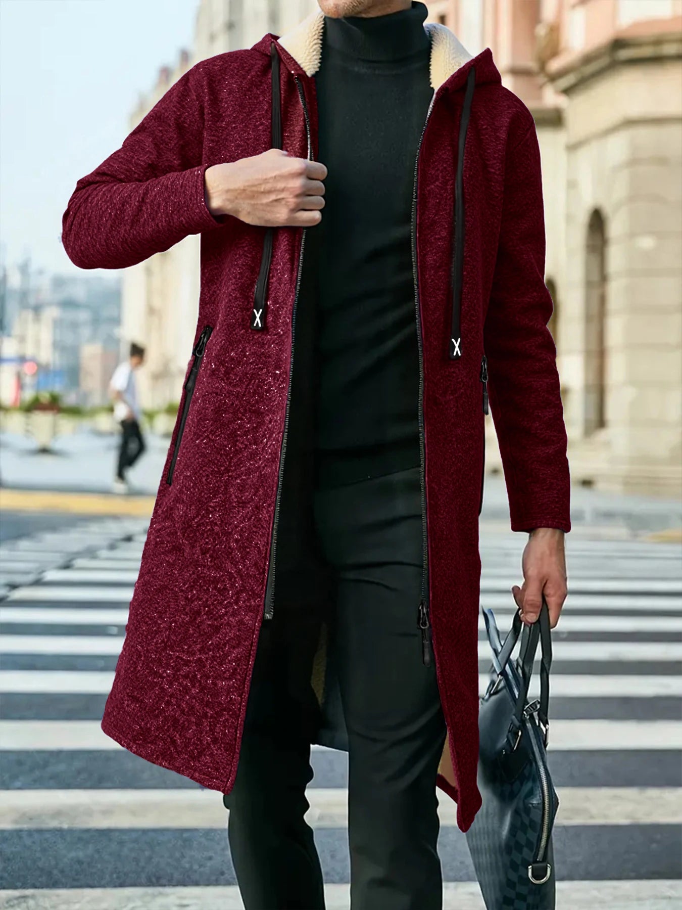 Men's Thickened Overcoat Jackets Winter Warm Zipper Hoodies Long Sleeve Sweatshirts Outdoor Casual Solid Color Streetwear Tops
