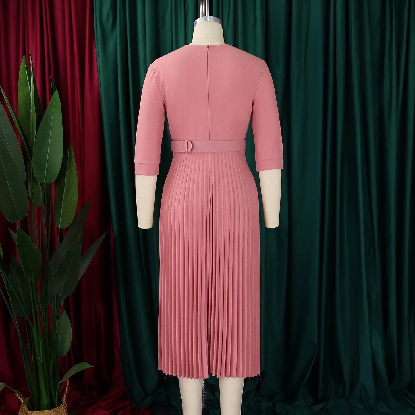 Elegant Office Ladies Dresses 2024 Autumn Fall Notched Collar Half Sleeve Belt Waisted Mid Calf Female Birthday Party Dress Midi