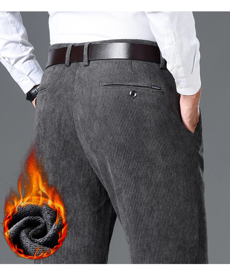 Winter New Corduroy Thick Pants Men's Fleece Fashion Business Straight Trousers Brand Comfortable Velvet Warm Plush Loose Pants