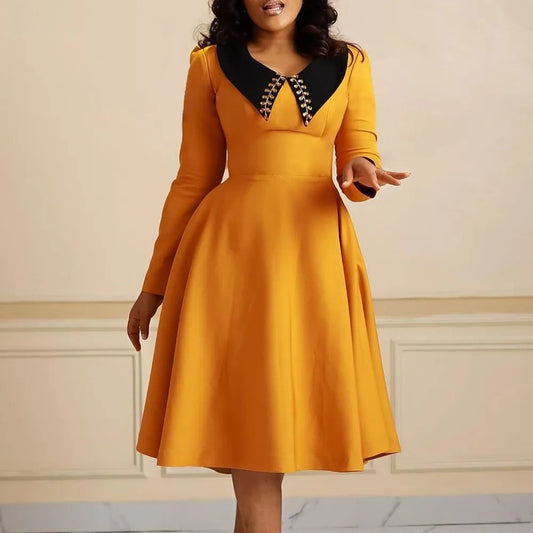 Fashionable Solid Color Women's Long-sleeved Lapel Elegant Slim and Large Sport African Dress