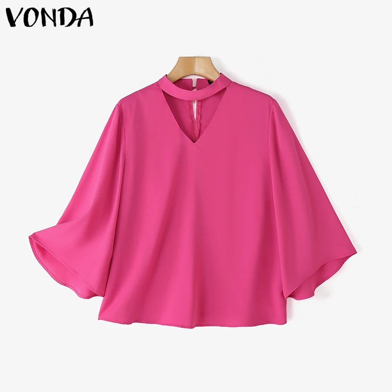 VONDA Plus Size Fashion Blouse Women Elegant OL Shirts Casual Hollow Out V Neck Solid Color Tunic Tops 3/4 Sleeve Blusas 5XL