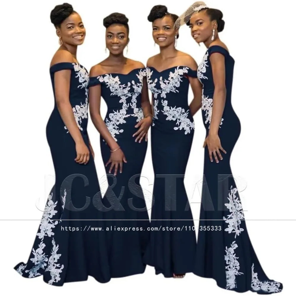 Burgundy Womens Off The Shoulder Mermaid Bridesmaid Dresses for Wedding Lace Satin Prom Dresses Long Formal Evening Gowns Africa