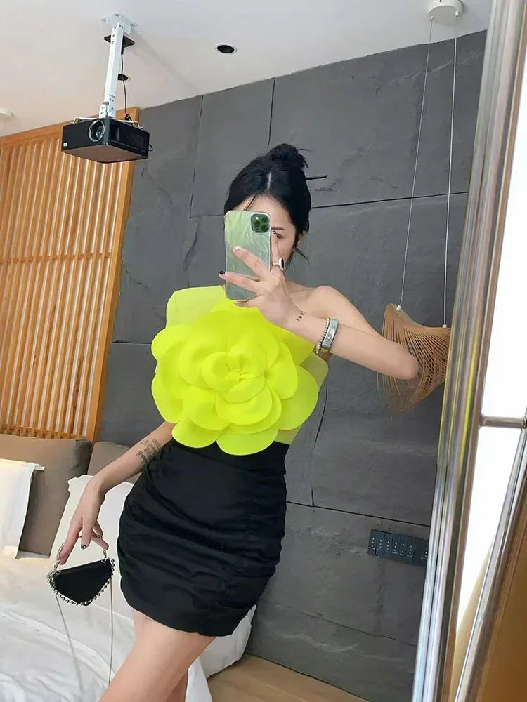 2024 New Summer Vest Women Three-dimensional Flowers Patchwork Slim Off-shoulder Backless Sleeveless Suspender Female