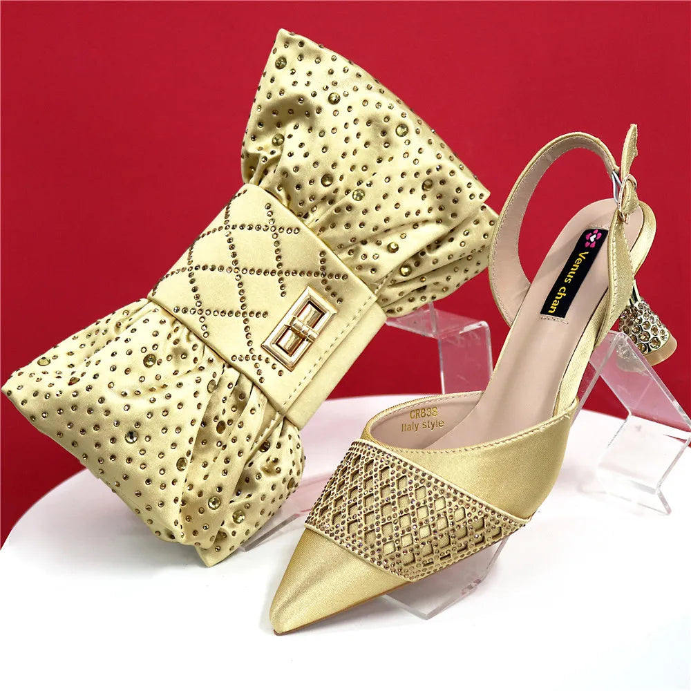 Latest Women Italian Shoes and Matching Bags Decorated with Rhinestone Elegant Pointed Toe Wedding Shoes Bride