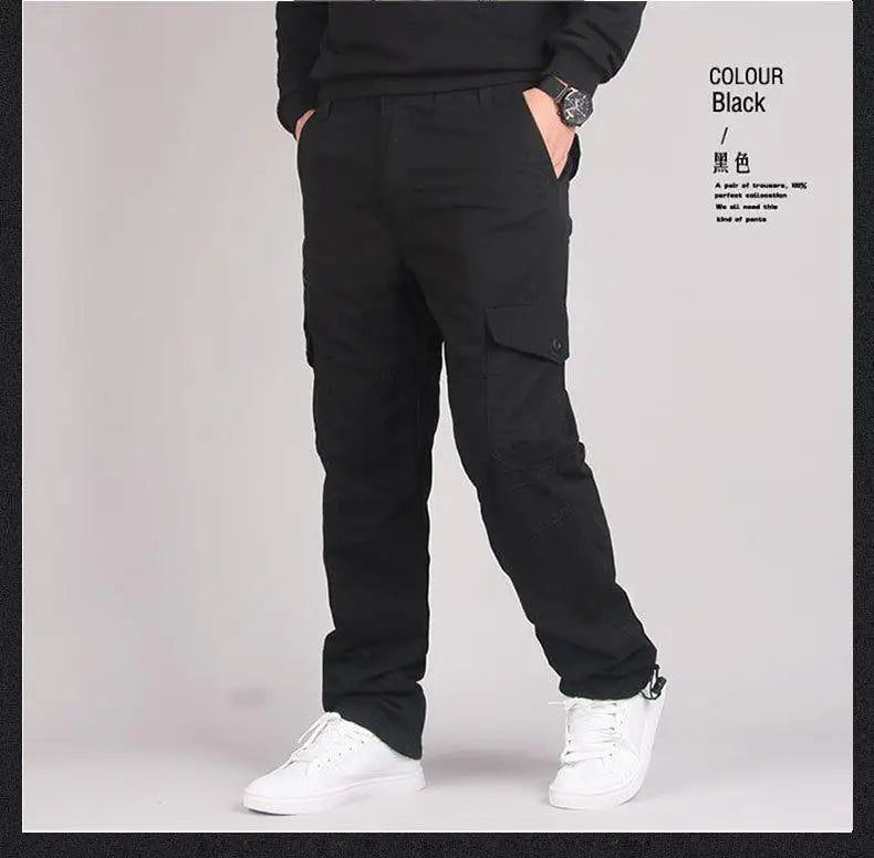 Autumn Winter Mens Cargo Pants Fleece Warm Trousers Cotton Pants Insulated Hiking Running Pants Man Multiple Pockets