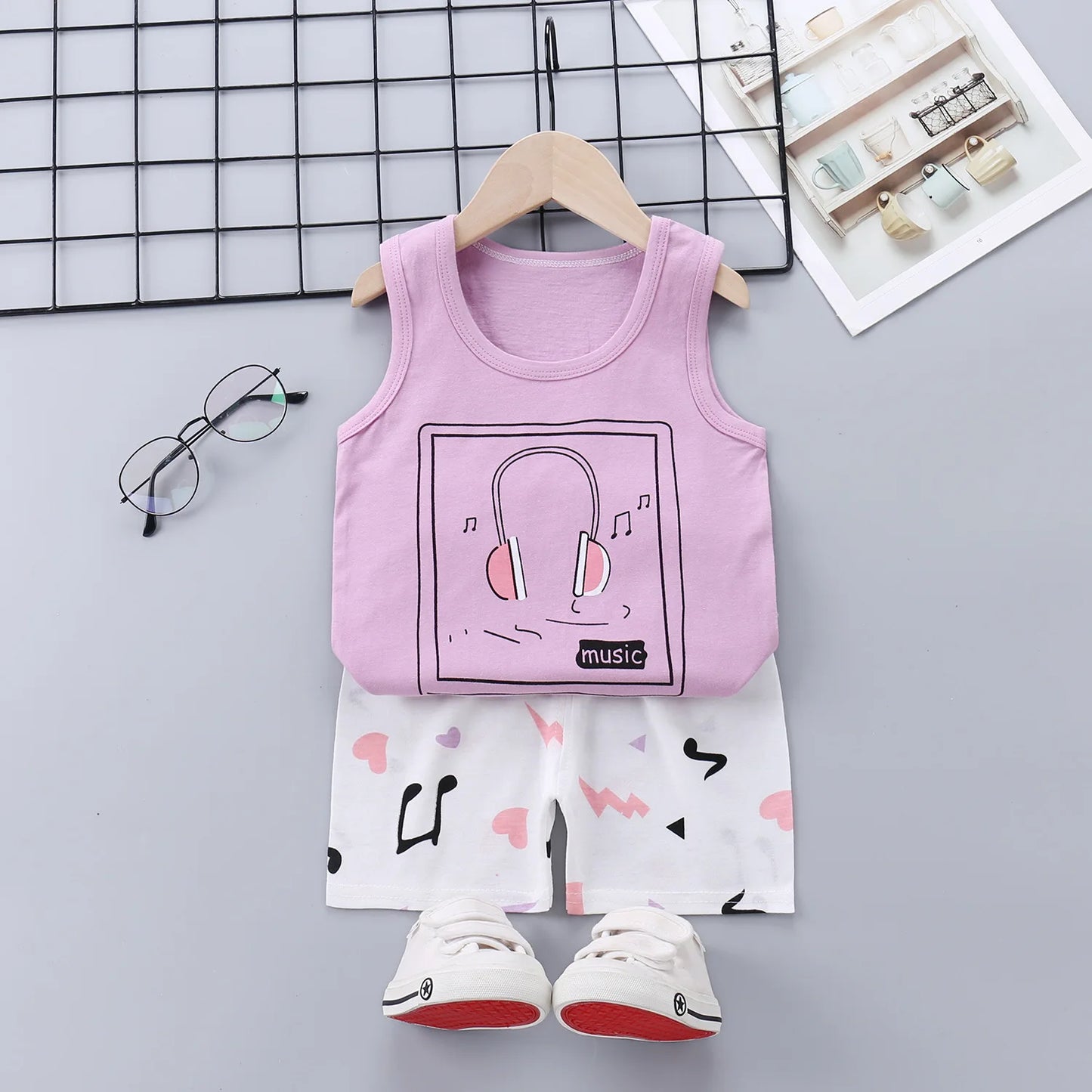 2025 New Summer Children Clothing Set Boys Girls Sleeveless Shorts Children's Suspenders Baby Vest set Kids Clothes