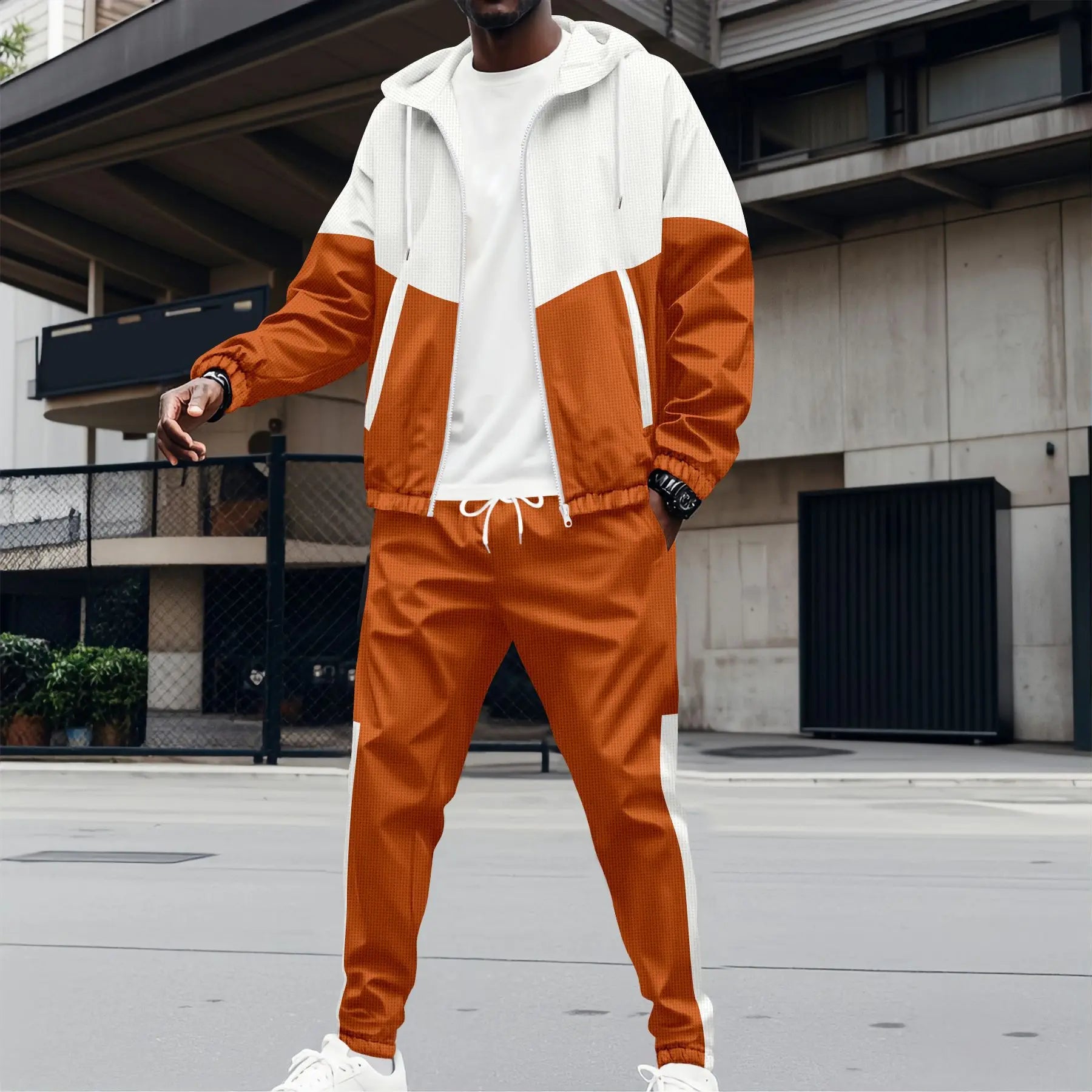 2025 Best-selling Men's New Spring And Fall Hooded Zipper Double-pocket Patchwork color Jacket Men's coat Sports Two-piece Suit