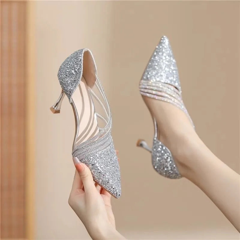 Sexy Pointed Toe Champagne Ladies High Heels New Shiny Crystal Wedding Bridal Shoes Simple and Elegant Women's Dress Shoes