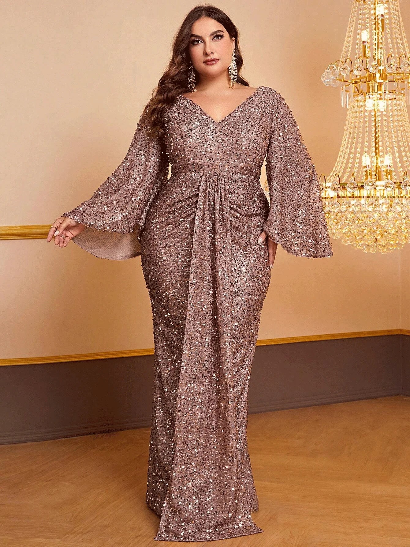 Plus Size Women's Long Sequin Dress, Plus Size, V Neck, Apricot, Shiny, Loose, Autumn, Evening Dress, Long Sleeve, 5XL, 6XL