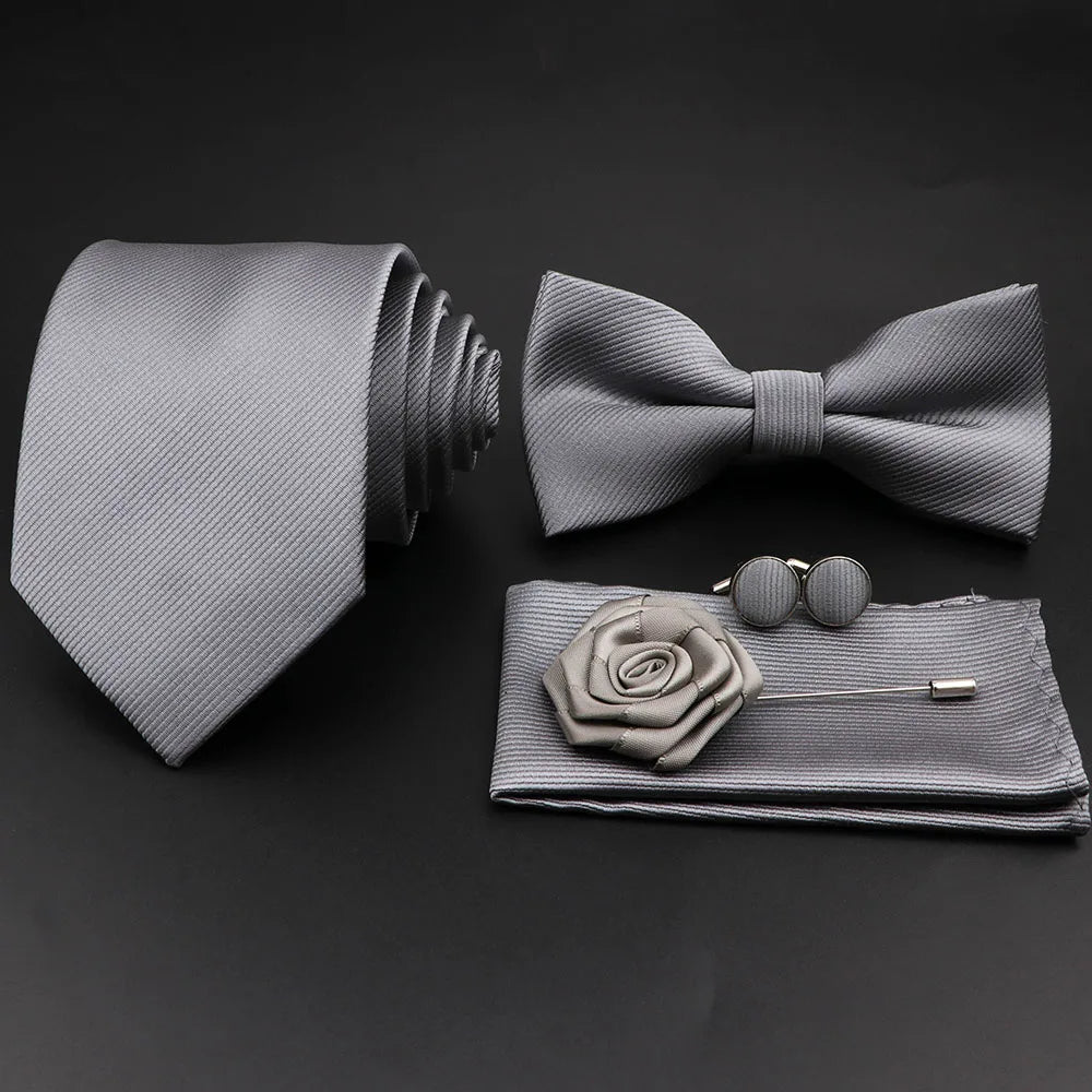 Hot Sale Red Blue Tie Set Polyester Slim Striped Necktie Bowtie Cufflink Brooch For Groom Suit Wedding Cravat Shirt Accessory