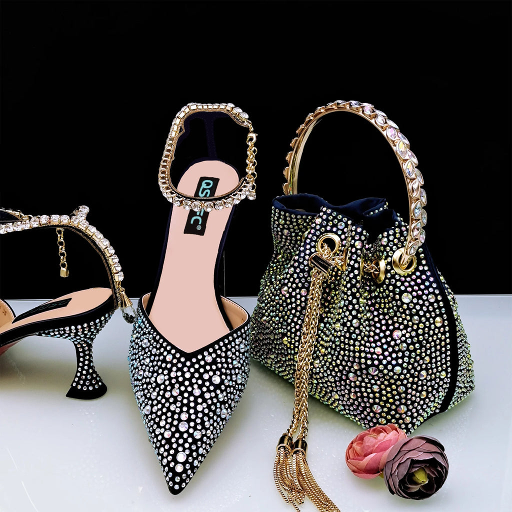 QSGFC New Gold Glitter Fabric Pointed Toe High Heels With A Variety Of Shapes Of Rhinestones Fashion Party Ladies Shoes And Bag