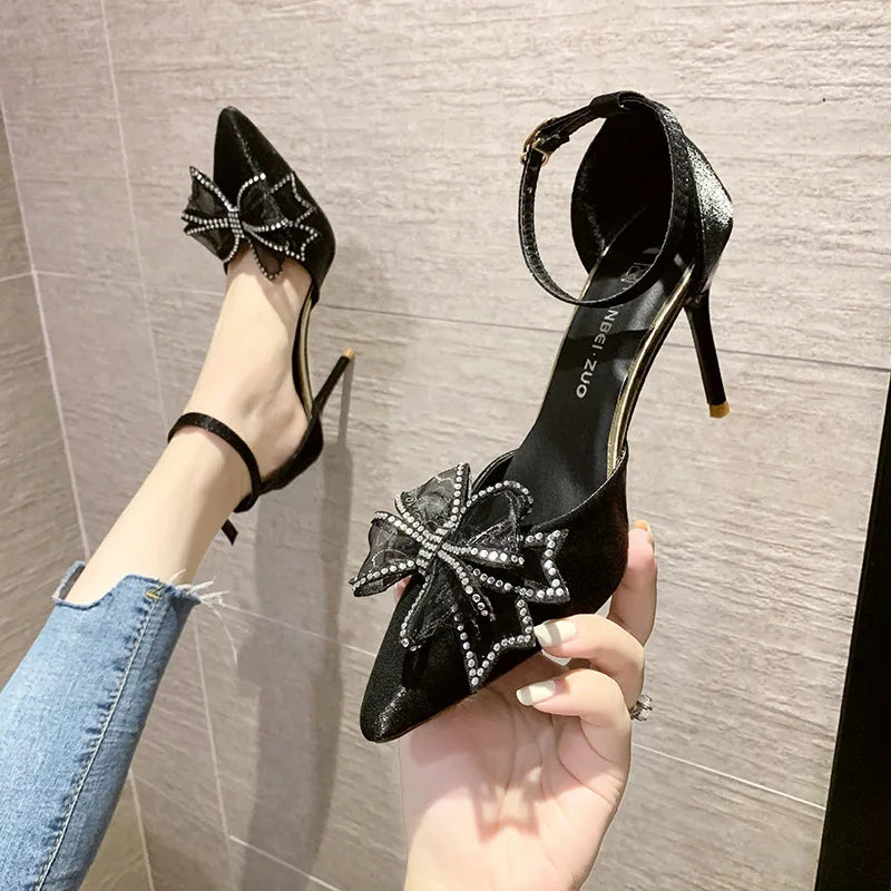 Crystal Wedding Shoes Bride Wedding Dress Two Wears  New Bow High Heels Women's Summer Slim Heels White Pointed Sandals  Women