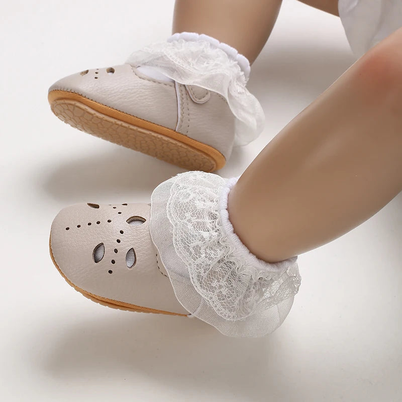 Cute White Lace Baby Girl Princess shoes  Baby Moccasins Moccs Shoes Bow Fringe Rubber Soled Non-slip Footwear Crib Shoes