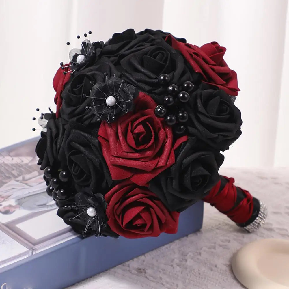 Yannew Black Burgundy Gothic Bridal Bouquets for Bride Bridesmaids Artifiicial Silk Foam Roses Flower Wedding Bouquet Halloween