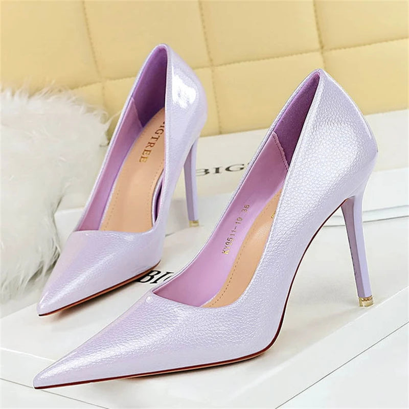 BIGTREE Elegant Simple Woman Heels Slim Heels High Heels Shallow Mouth Pointed Crystal Patent Leather Single Shoes  Women Shoes