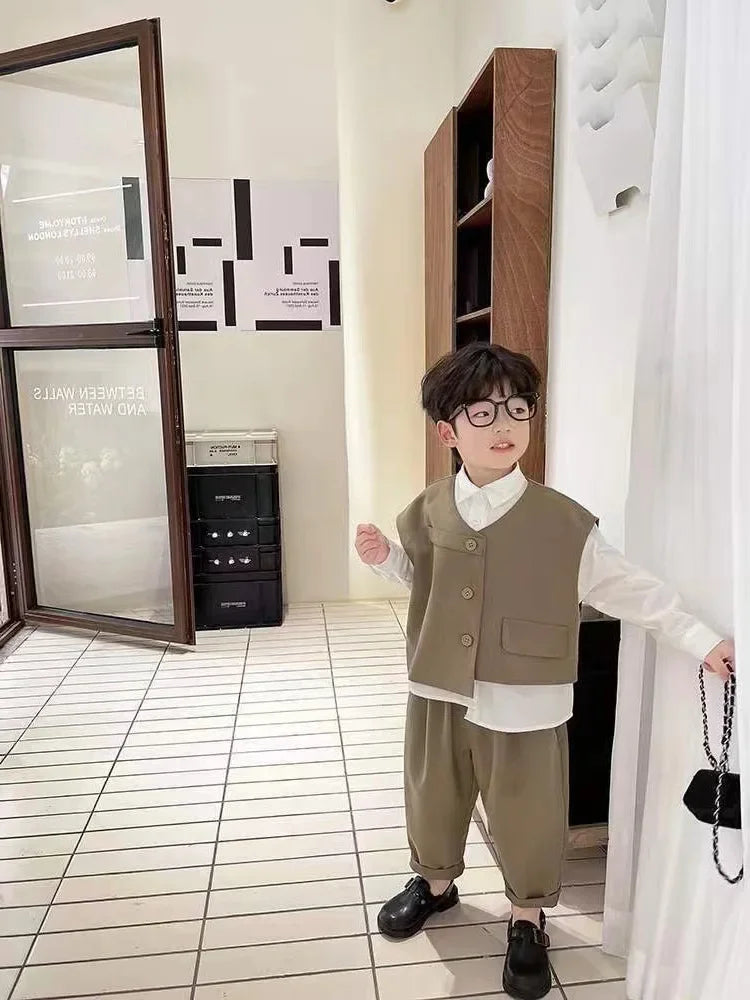 2022 Children Sets Shirts Turn-down Collar Vest Single Breasted Pants Ankle Length Loose Solid Soft Simple Casual Autumn Boys