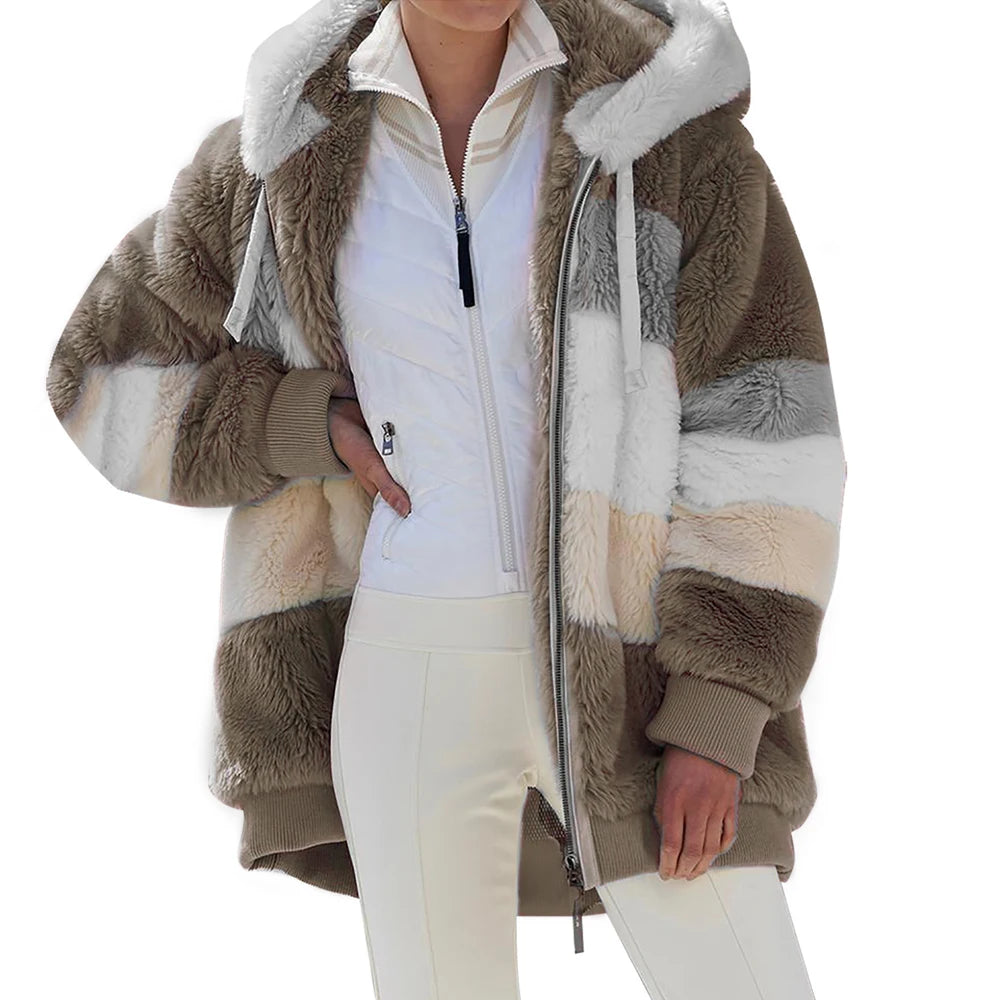 Oversized Jacket for Women Coat 2025 Autumn Winter Warm Plush Pocket Hooded Streetwear Loose Lady Zipper Cashmere Outerwear Coat