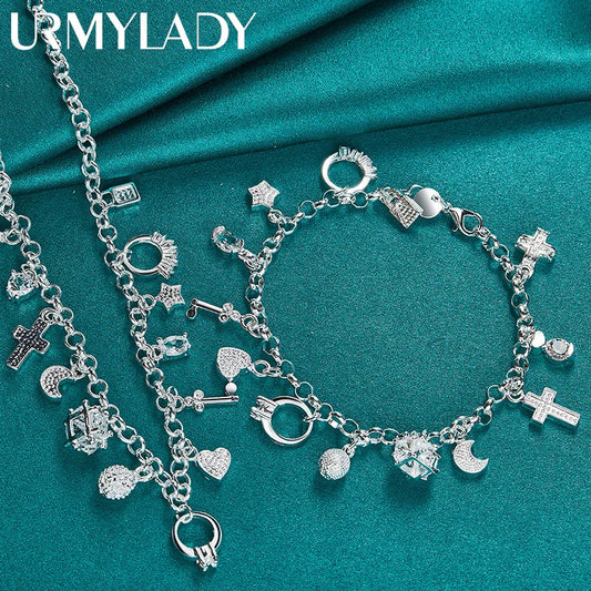 URMYLADY 925 Sterling Silver Ring/Cross/Star/Moon Necklace Bracelet Set For Women Wedding Party Fashion Charm Jewelry