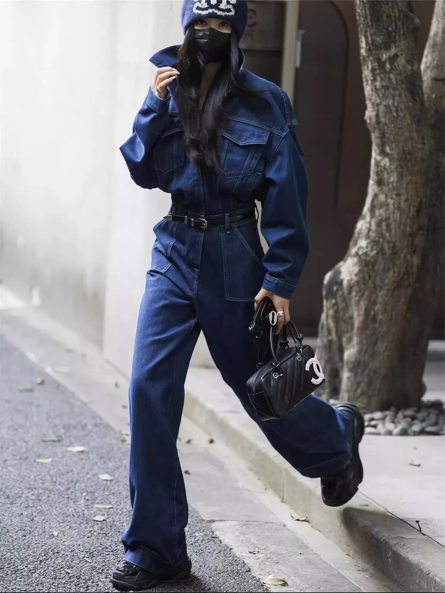 Blue Design Denim Jumpsuit Women'S Spring And Autumn Collar Fashionable Workwear Large Pocket Loose Pants