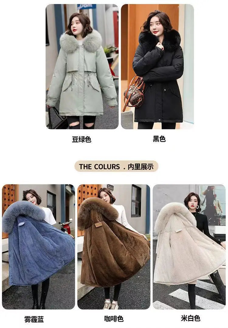 2025 Winter New Korean Edition Loose Thicken Cotton Jacket Women's Big Fur collar Hooded Coat Female Casual Warm Parker Overcoat