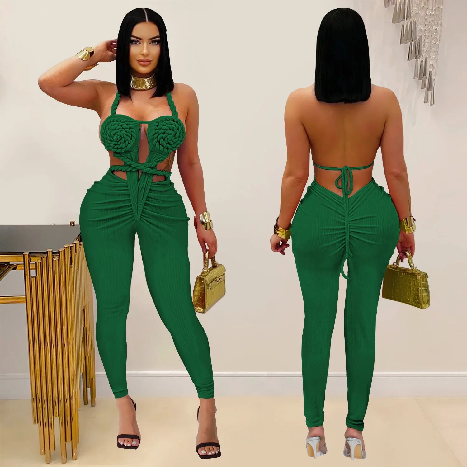 GLCMYAYA Women Halter Neck Knit Ribbed Ruched Stacked Jumpsuits 2025 Summer Vacation Beach Romper Playsuit One Piece Set Outfits