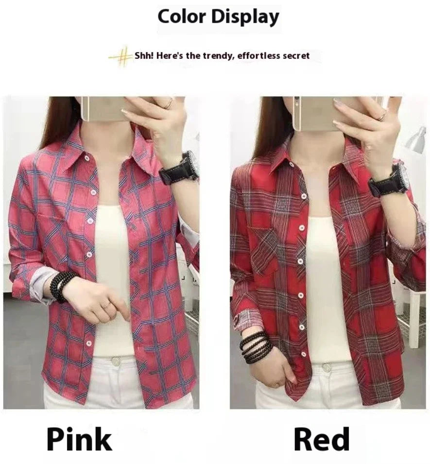 2024 Autumn New College Style Plaid Shirts Womens Long sleeve Button Down Casual Tops Loose Fashion Polo Neck Blouses