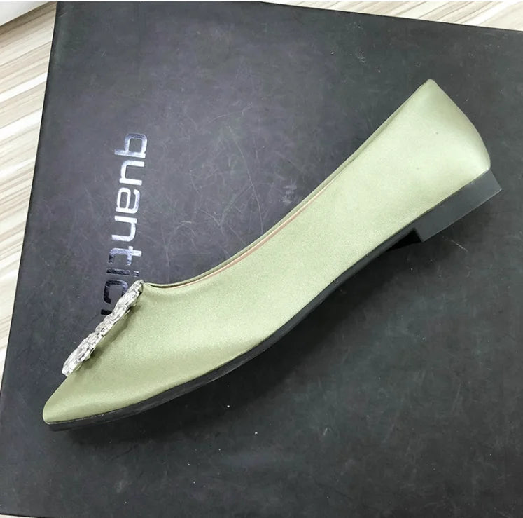 Women Green Blue Shoes Silk Null Plain Flats Pointed Toe Slip-On With Crystal Buckle Shallow Mouth Cute Retro Tacons  32-48 28cm