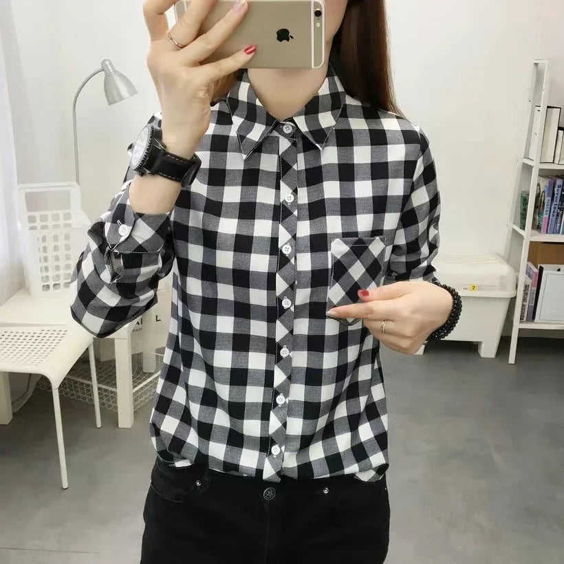 2024 Autumn New College Style Plaid Shirts Womens Long sleeve Button Down Casual Tops Loose Fashion Polo Neck Blouses