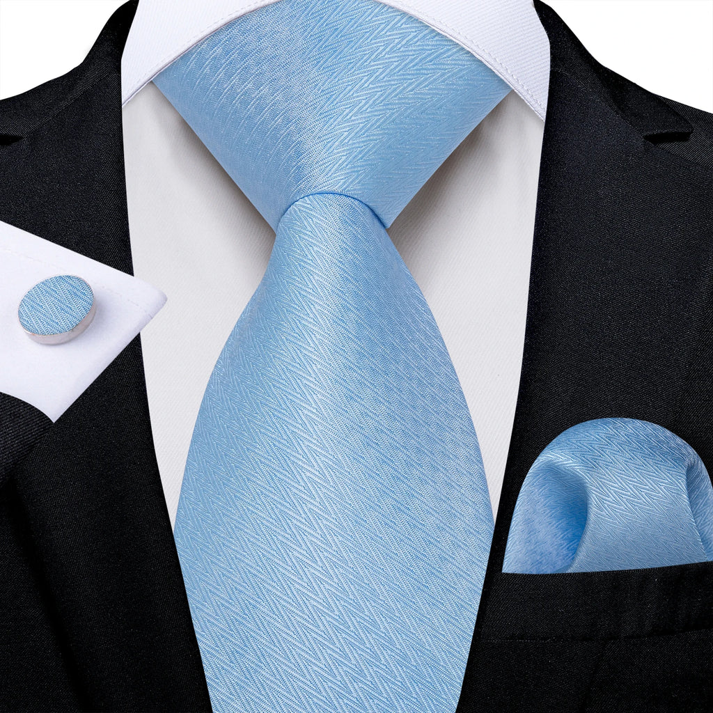 Light Blue Men's Tie Set Handkerchief Cufflinks Solid Paisley Floral Wedding Party Formal Groom Suits Accessories Gift Husband