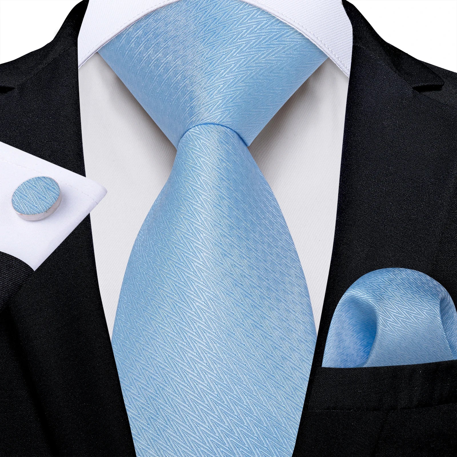 Light Blue Men's Tie Set Handkerchief Cufflinks Solid Paisley Floral Wedding Party Formal Groom Suits Accessories Gift Husband