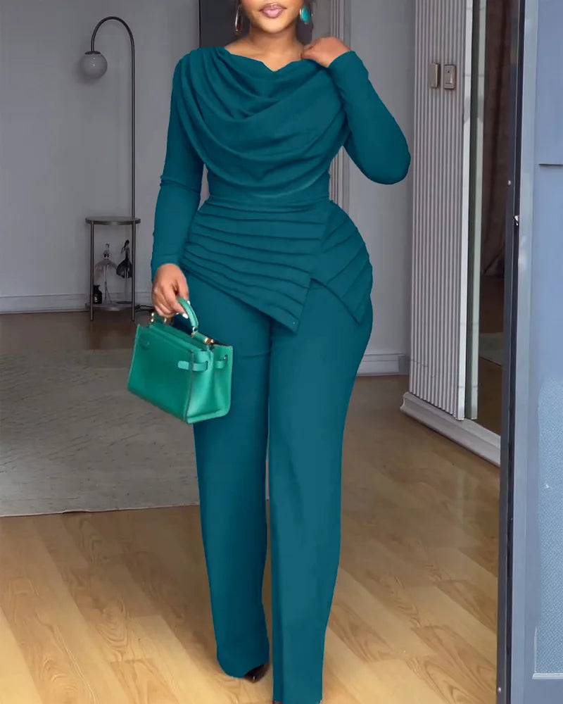 Swing Collar Ruched Jumpsuit Long Sleeve Solid Elegant Office Lady Asymmetric Hem Casual Vintage Ruched Slim Rompers Autumn