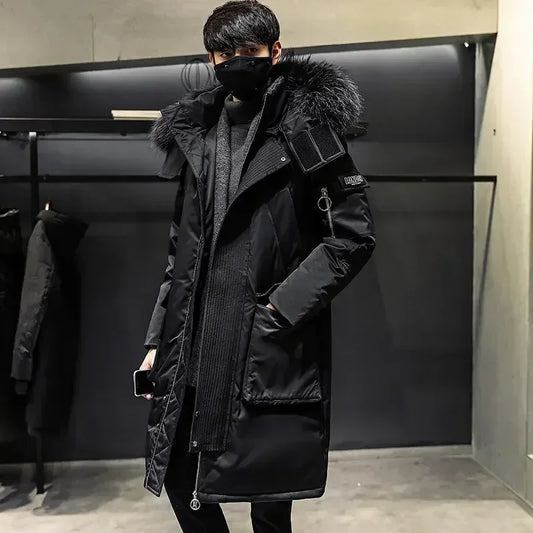 Men's Thickened Down Jacket Hooded Faux Fur Collar Winter Long Parka Jacket Outdoor  Street Fashion Jacket Men's Clothing 2024