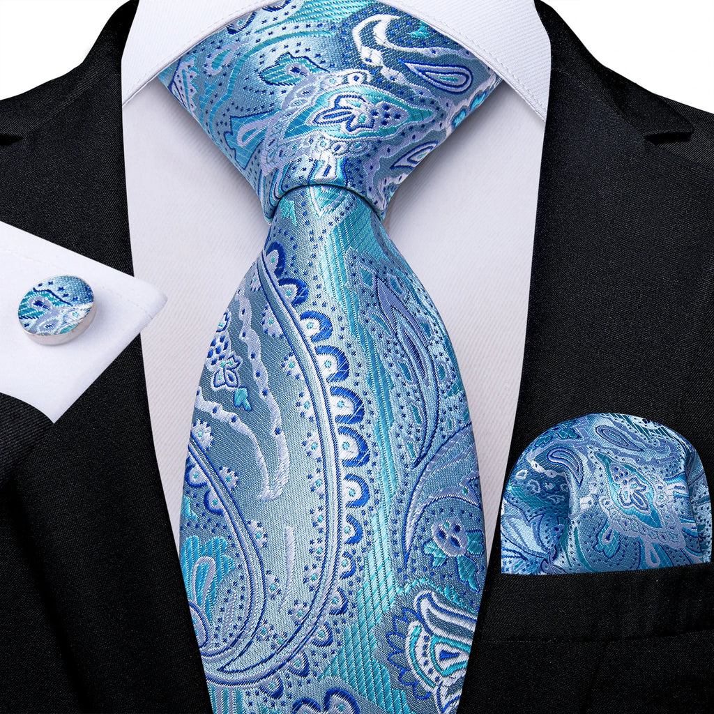 Light Blue Men's Tie Set Handkerchief Cufflinks Solid Paisley Floral Wedding Party Formal Groom Suits Accessories Gift Husband