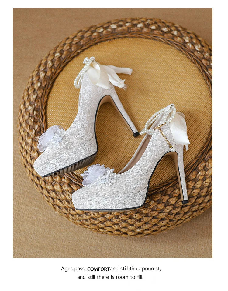 High heels, women's wedding shoes, Hexiu, two pairs of thick heels, beautiful ankle rings, pearl straps, bridal shoes