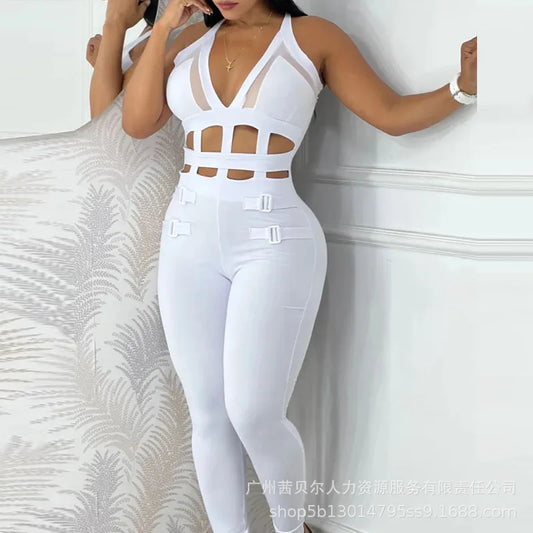 Women's Jumpsuit 2025 Summer New Sleeveless New Fashionable Hollow Camisole Buckle Comparison Mesh Tight Jumpsuit