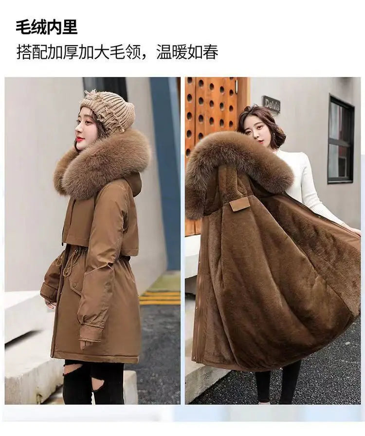 2025 Winter New Korean Edition Loose Thicken Cotton Jacket Women's Big Fur collar Hooded Coat Female Casual Warm Parker Overcoat