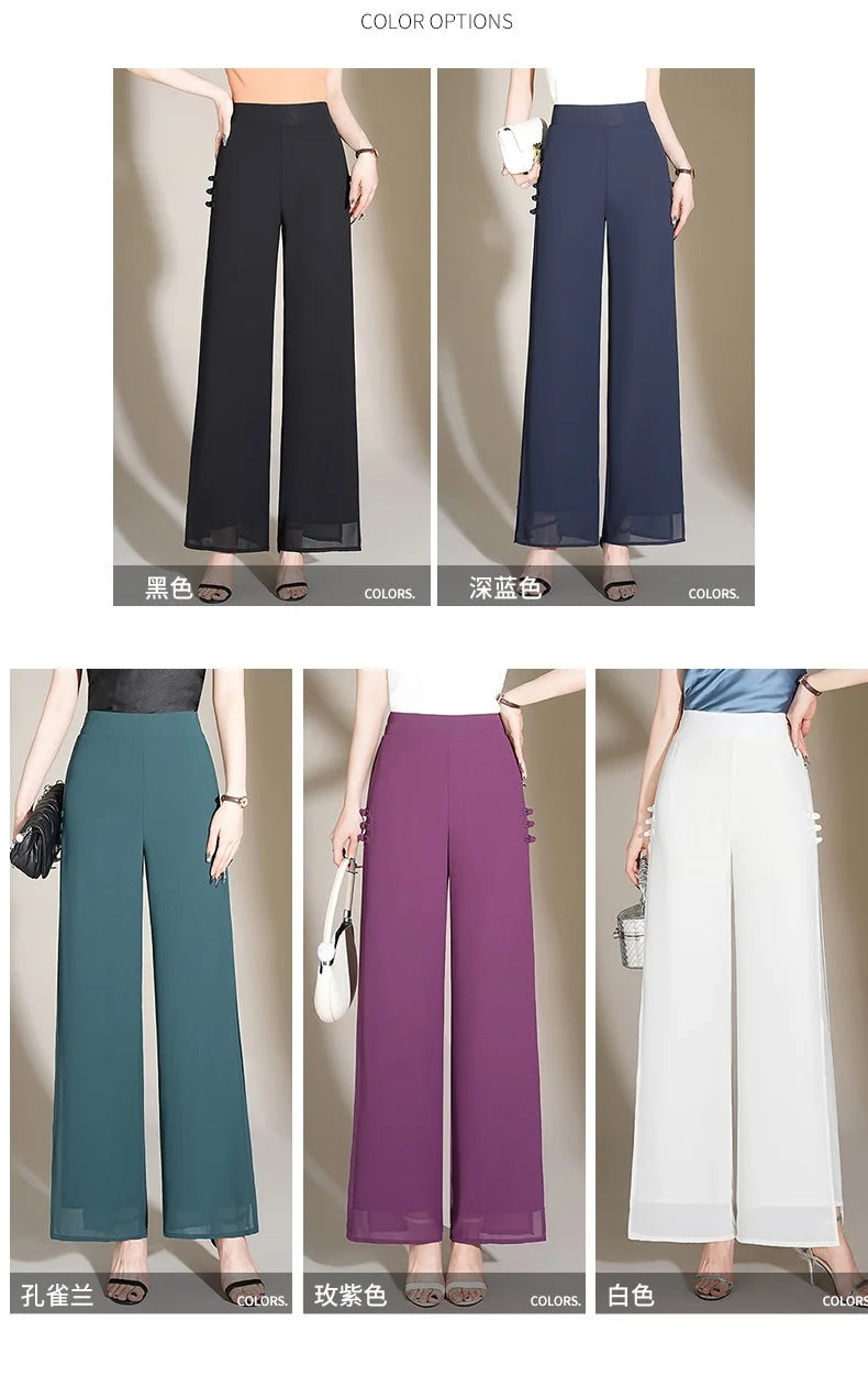 ZUZK Slit Chiffon Long Pants Summer Comfortable Elastic Waist Slim Double Layer Chiffon Pants Chic Droop Chinese Style Pants