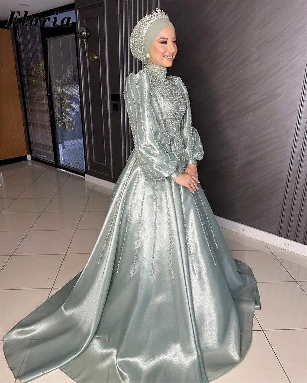 Muslim Latern Sleeves Evening Dresses Beaded Crystals Dubai Women Prom Dress High Neck Birthday Bridal Party Gowns Customized