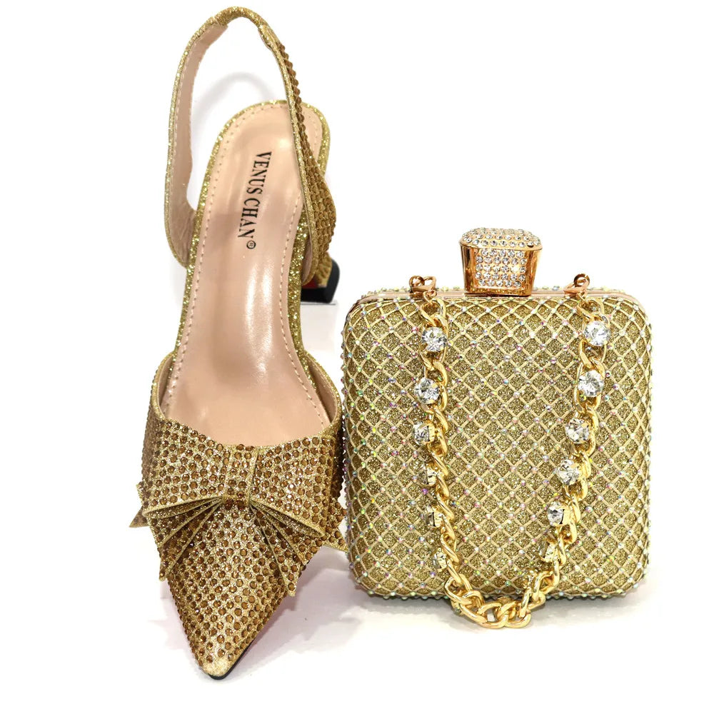 Venus Chan Bridal High Heels for Women 2023 Pointed Toe With Bows Gold Color Rhinestone  Elegant Party Wedding Shoe and Bag Set