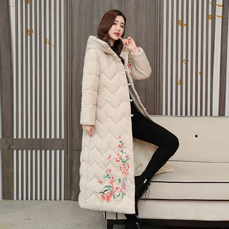 Winter Down Cotton Padded Women Chinese National Style Embroidered Long Outwear Thickened Warm Hooded Parkas Coat Female