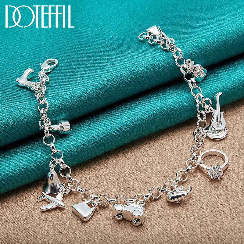 DOTEFFIL 925 Sterling Silver 18K Gold Shoe Bell Airplane Lock Car Fish Ring Lollipop Guitar Bracelet Chain Women Charm Jewelry
