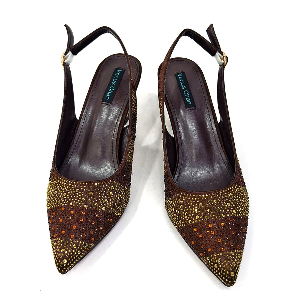 Venus Chan 2024 Hot Selling INS Pointed-Toe Luxury Style High Heels Sandal With Bag Set in Gold Color For Wedding Party Women