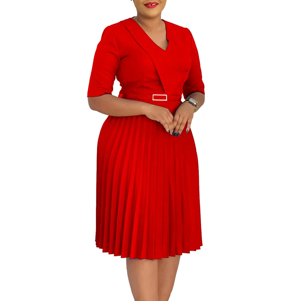 Church Dresses for Women Elegant V Neck Half Sleeves Pleated A-Line Midi Dress Female Classy Modest African Summer Fashion Gowns