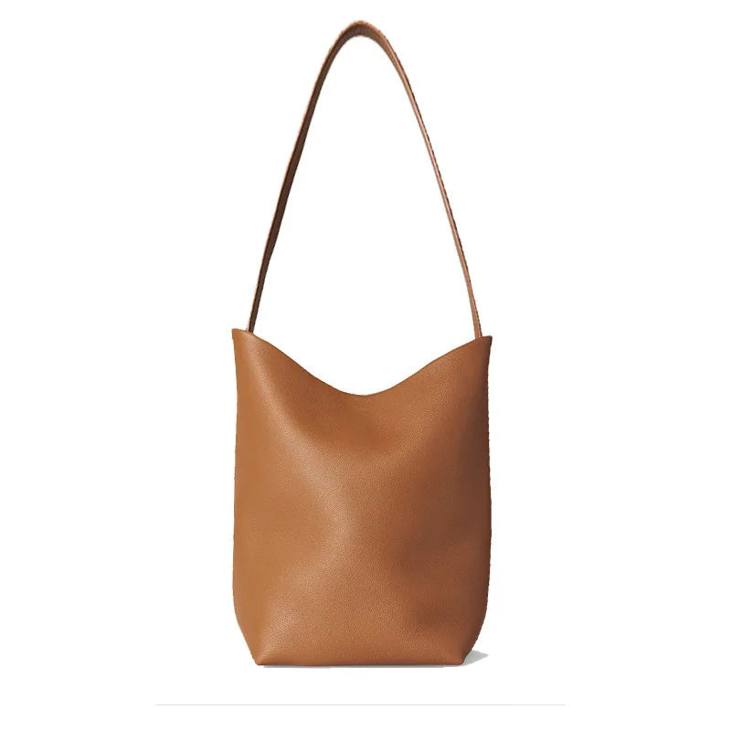 2025 New Leather Large Capacity Bucket Bag, Lychee Pattern, Cowhide, Commuting Tote Bag, Shoulder Bag, Hand-held Women's Bag