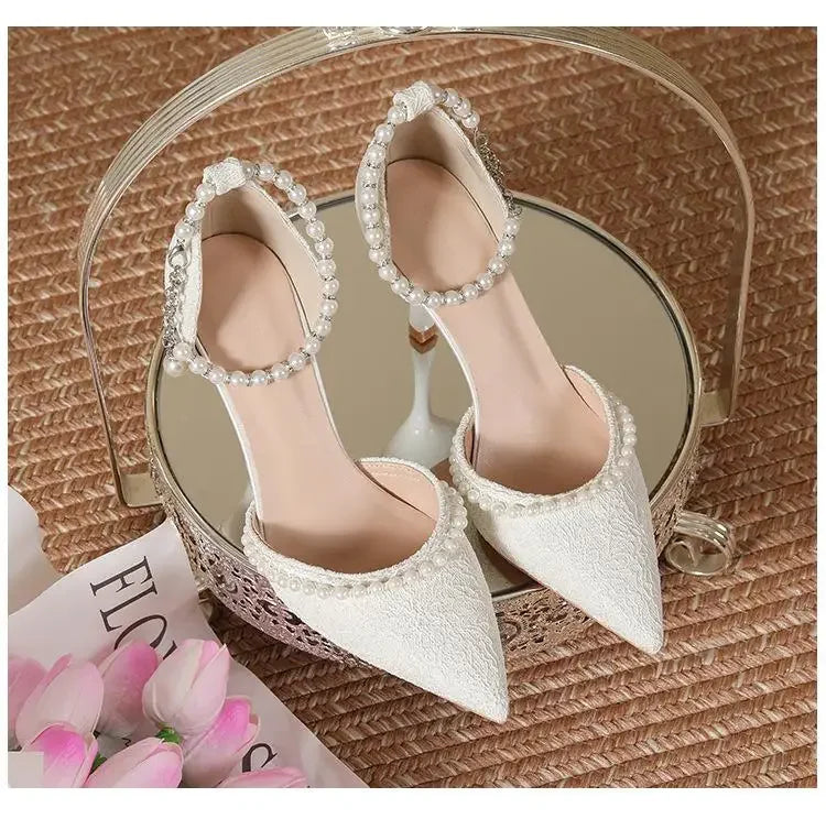 Size 30-44 Pearls Strap High Heels Lace Women White Wedding Shoes Stiletto Heel Point Toe Bride Bridesmaid