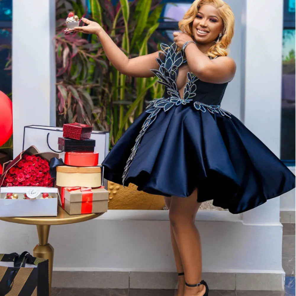 Sexy Black Short  Birthday Cockail Dress Sheer Neck Beads Appliques A Line Chic Puffy Aso Ebi Prom Dress Holiday Evening Gowns