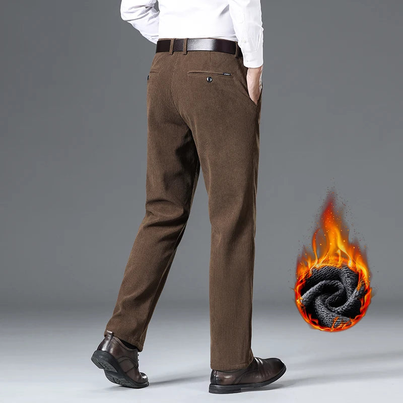 Winter New Corduroy Thick Pants Men's Fleece Fashion Business Straight Trousers Brand Comfortable Velvet Warm Plush Loose Pants