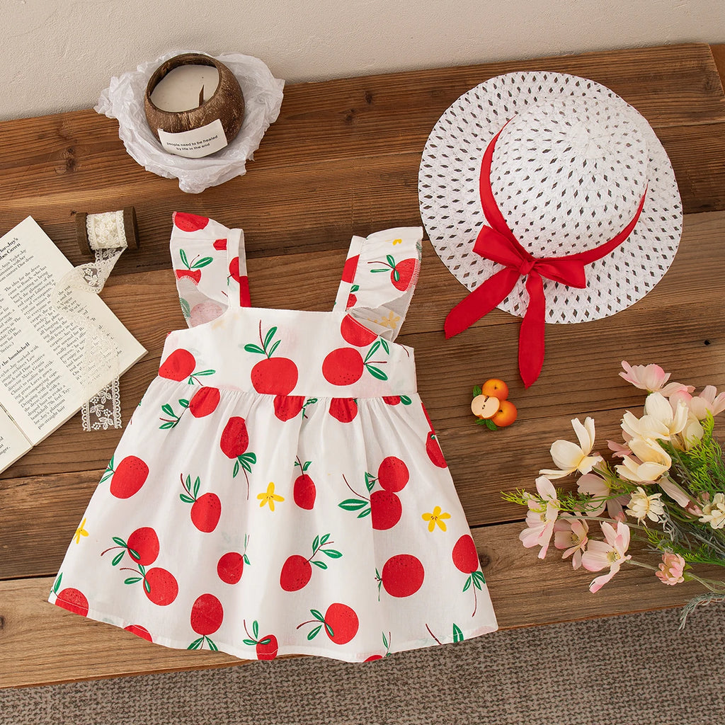 Baby Girl Dresses 2 Pieces Set Princess Hat Dress Summer New Girl Clothing Fruit Printed Bow Sweet Beach Party Baby Clothing
